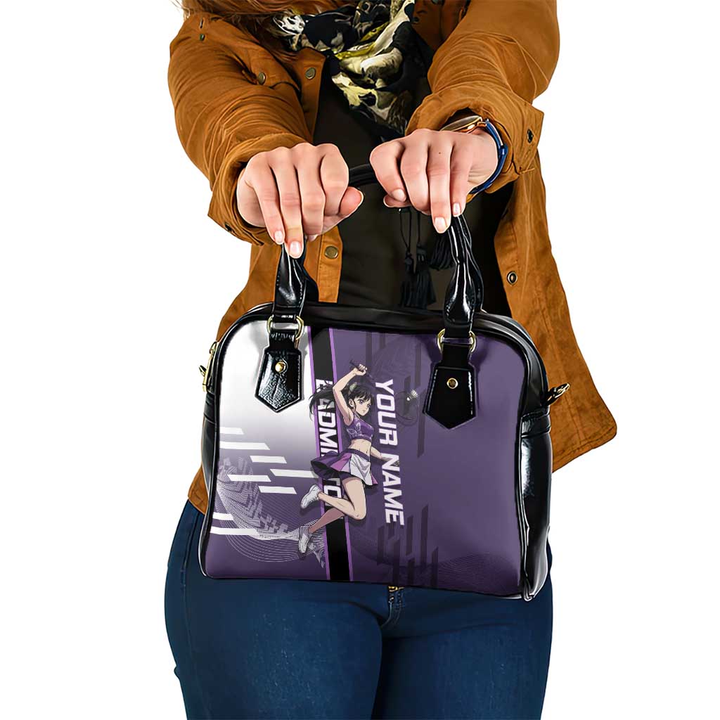 Personalized Shinazugawa Genya Demon Slayer Badminton Shoulder Handbag with Racket Action Pose and Purple White Graphic Design - The Mazicc