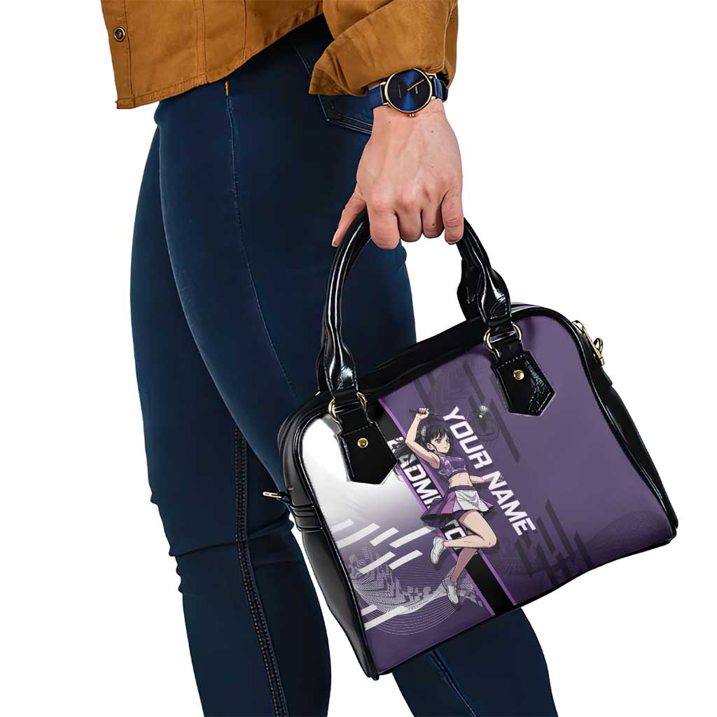Personalized Shinazugawa Genya Demon Slayer Badminton Shoulder Handbag with Racket Action Pose and Purple White Graphic Design - The Mazicc