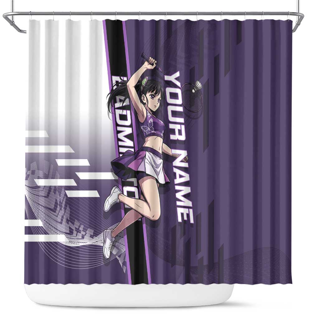 Personalized Shinazugawa Genya Demon Slayer Badminton Shower Curtain with Racket Action Pose and Purple White Graphic Design - The Mazicc