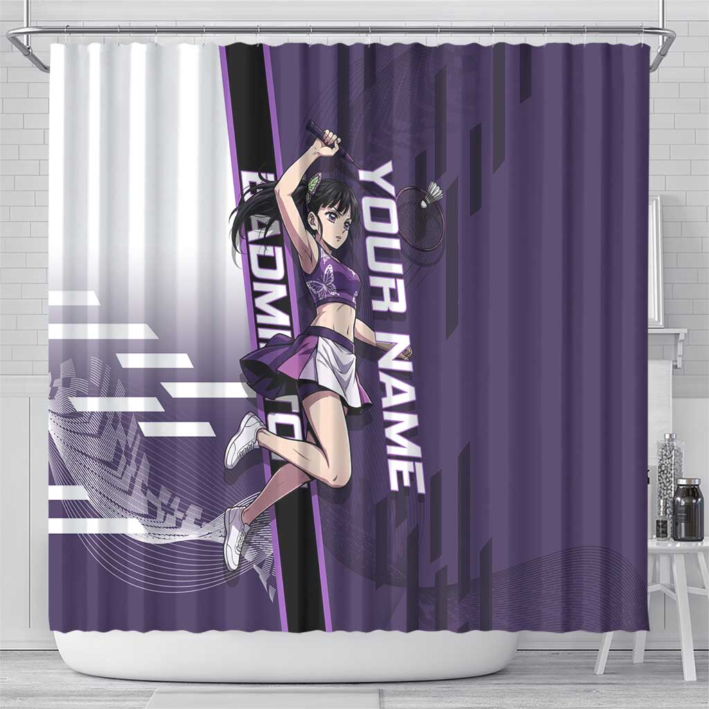 Personalized Shinazugawa Genya Demon Slayer Badminton Shower Curtain with Racket Action Pose and Purple White Graphic Design - The Mazicc