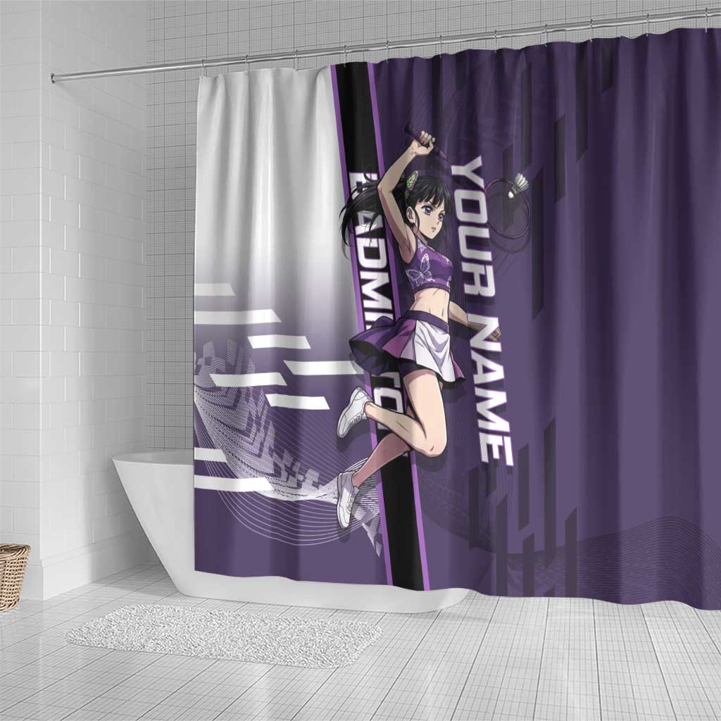 Personalized Shinazugawa Genya Demon Slayer Badminton Shower Curtain with Racket Action Pose and Purple White Graphic Design - The Mazicc