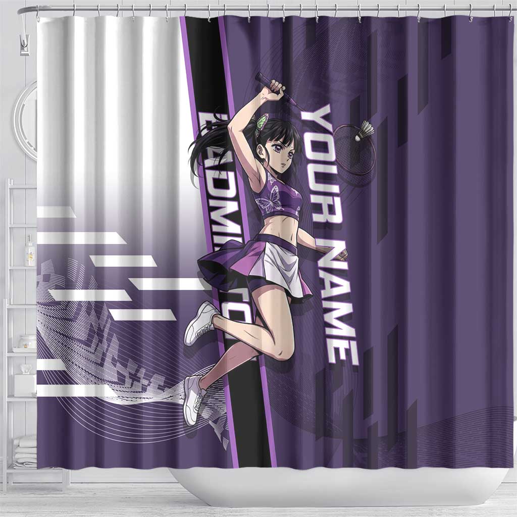 Personalized Shinazugawa Genya Demon Slayer Badminton Shower Curtain with Racket Action Pose and Purple White Graphic Design - The Mazicc