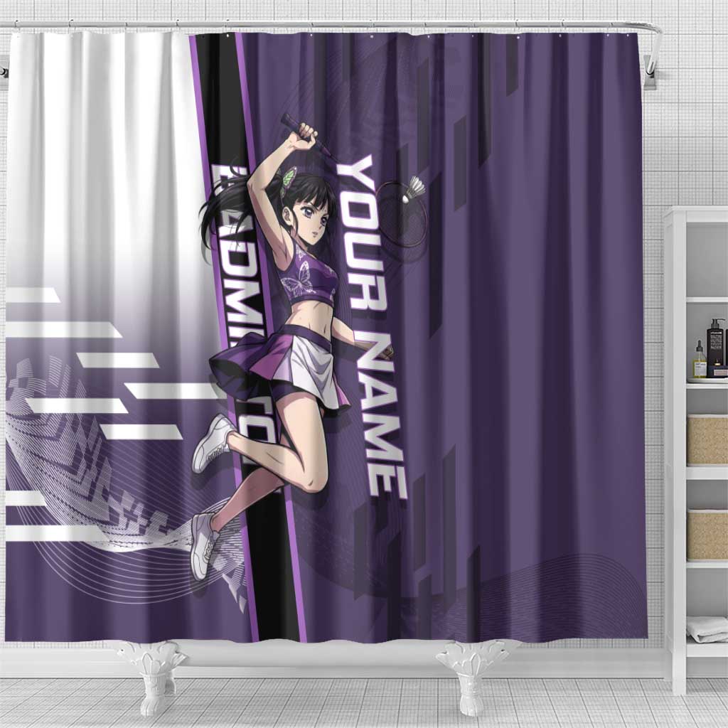 Personalized Shinazugawa Genya Demon Slayer Badminton Shower Curtain with Racket Action Pose and Purple White Graphic Design - The Mazicc
