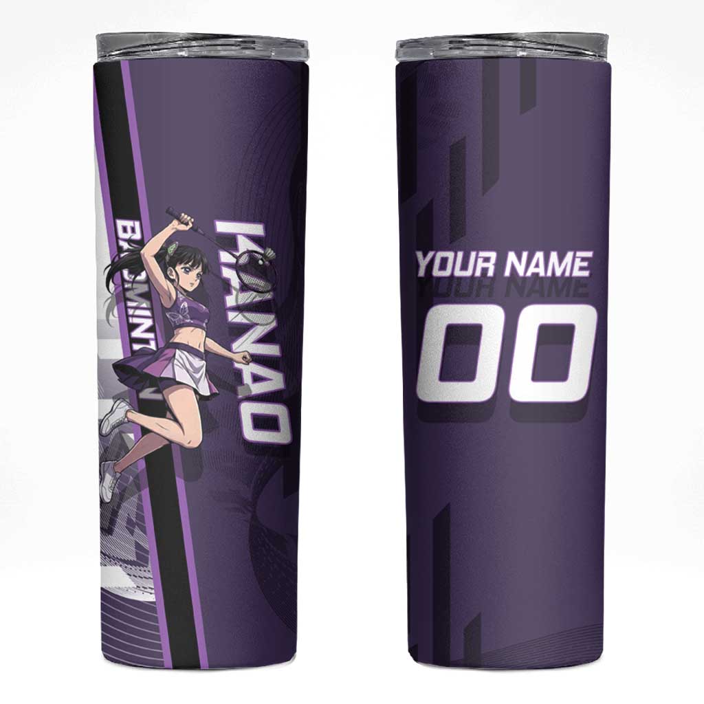 Personalized Shinazugawa Genya Demon Slayer Badminton Skinny Tumbler with Racket Action Pose and Purple White Graphic Design - The Mazicc