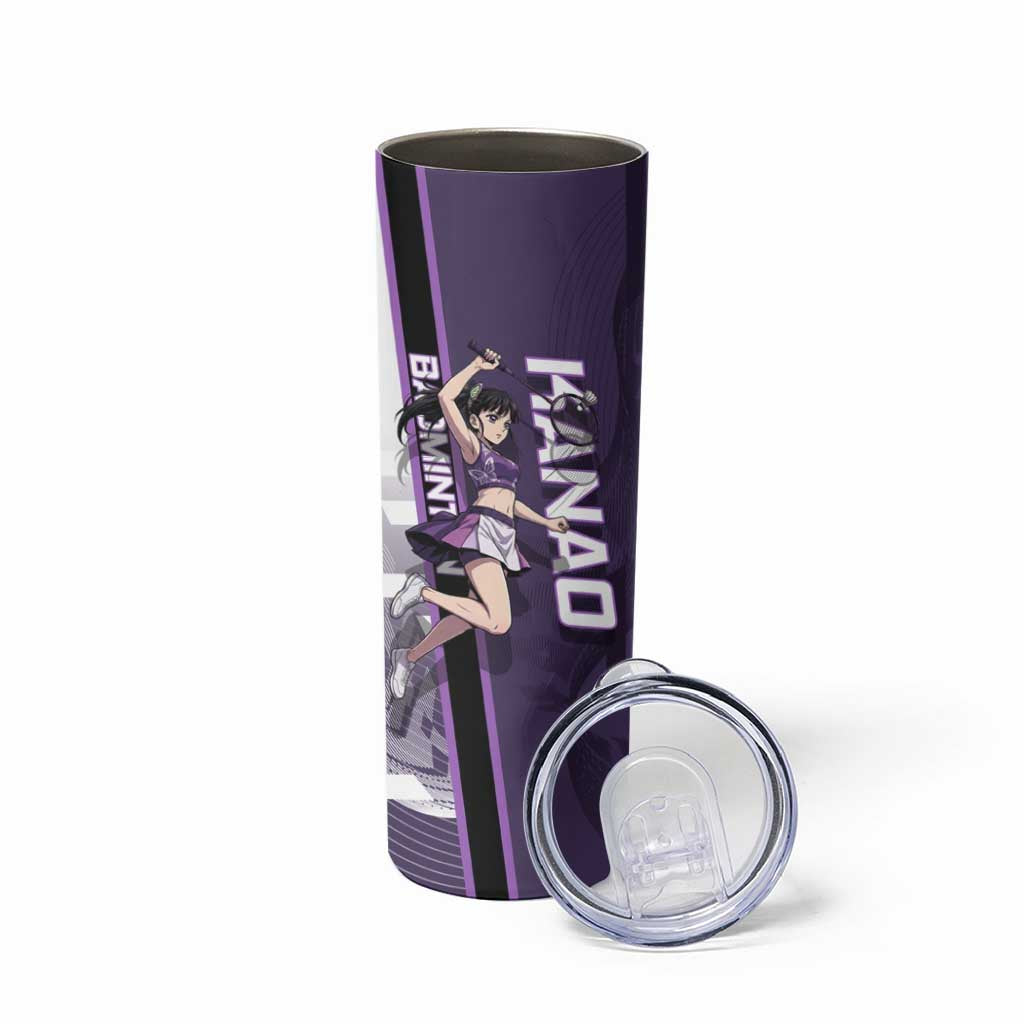 Personalized Shinazugawa Genya Demon Slayer Badminton Skinny Tumbler with Racket Action Pose and Purple White Graphic Design - The Mazicc