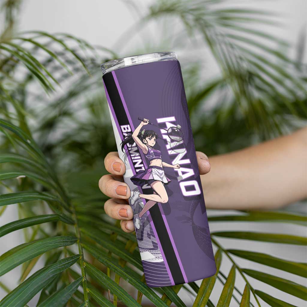 Personalized Shinazugawa Genya Demon Slayer Badminton Skinny Tumbler with Racket Action Pose and Purple White Graphic Design - The Mazicc