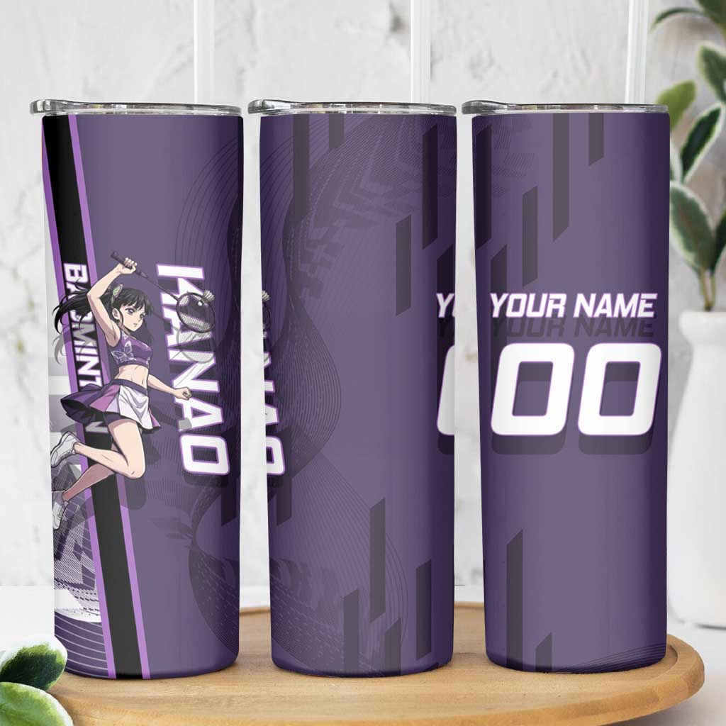 Personalized Shinazugawa Genya Demon Slayer Badminton Skinny Tumbler with Racket Action Pose and Purple White Graphic Design - The Mazicc
