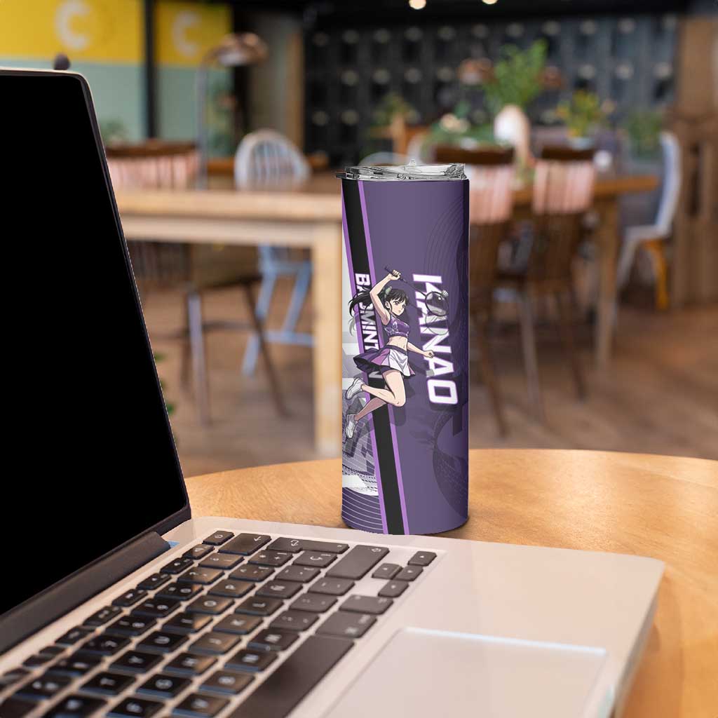 Personalized Shinazugawa Genya Demon Slayer Badminton Skinny Tumbler with Racket Action Pose and Purple White Graphic Design - The Mazicc