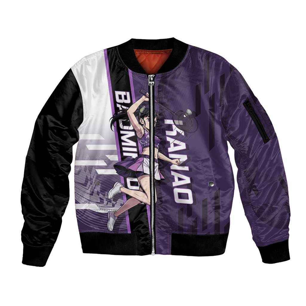 Personalized Shinazugawa Genya Demon Slayer Badminton Sleeve Zip Bomber Jacket with Racket Action Pose and Purple White Graphic Design - The Mazicc