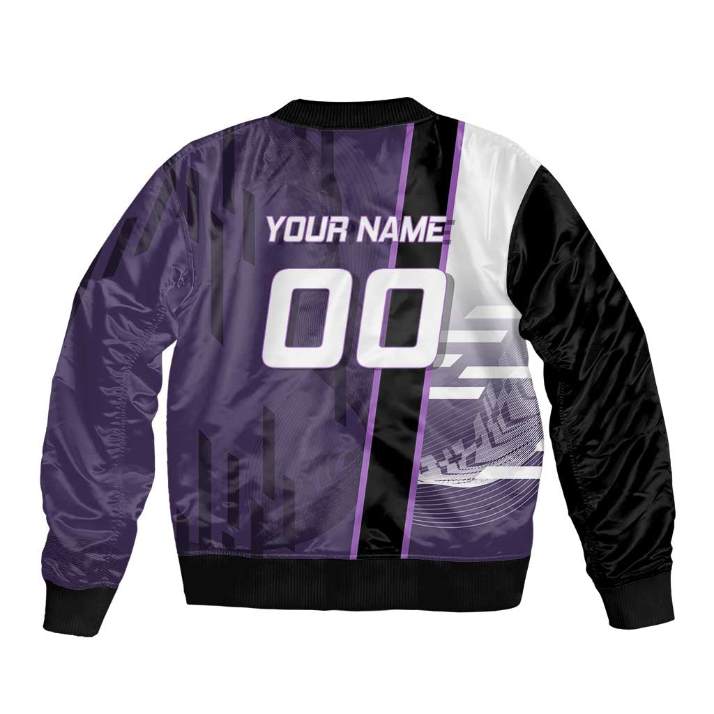 Personalized Shinazugawa Genya Demon Slayer Badminton Sleeve Zip Bomber Jacket with Racket Action Pose and Purple White Graphic Design - The Mazicc