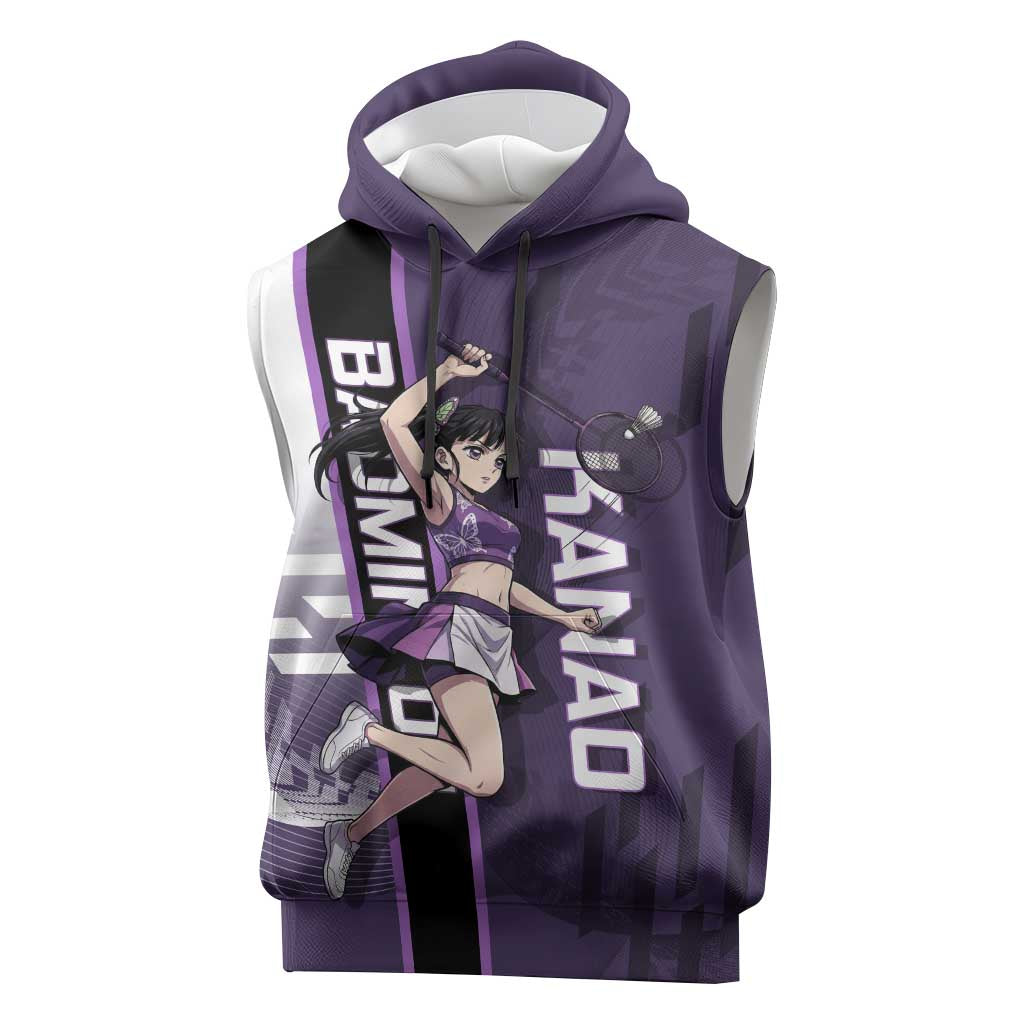 Personalized Shinazugawa Genya Demon Slayer Badminton Sleeveless Hoodie with Racket Action Pose and Purple White Graphic Design - The Mazicc