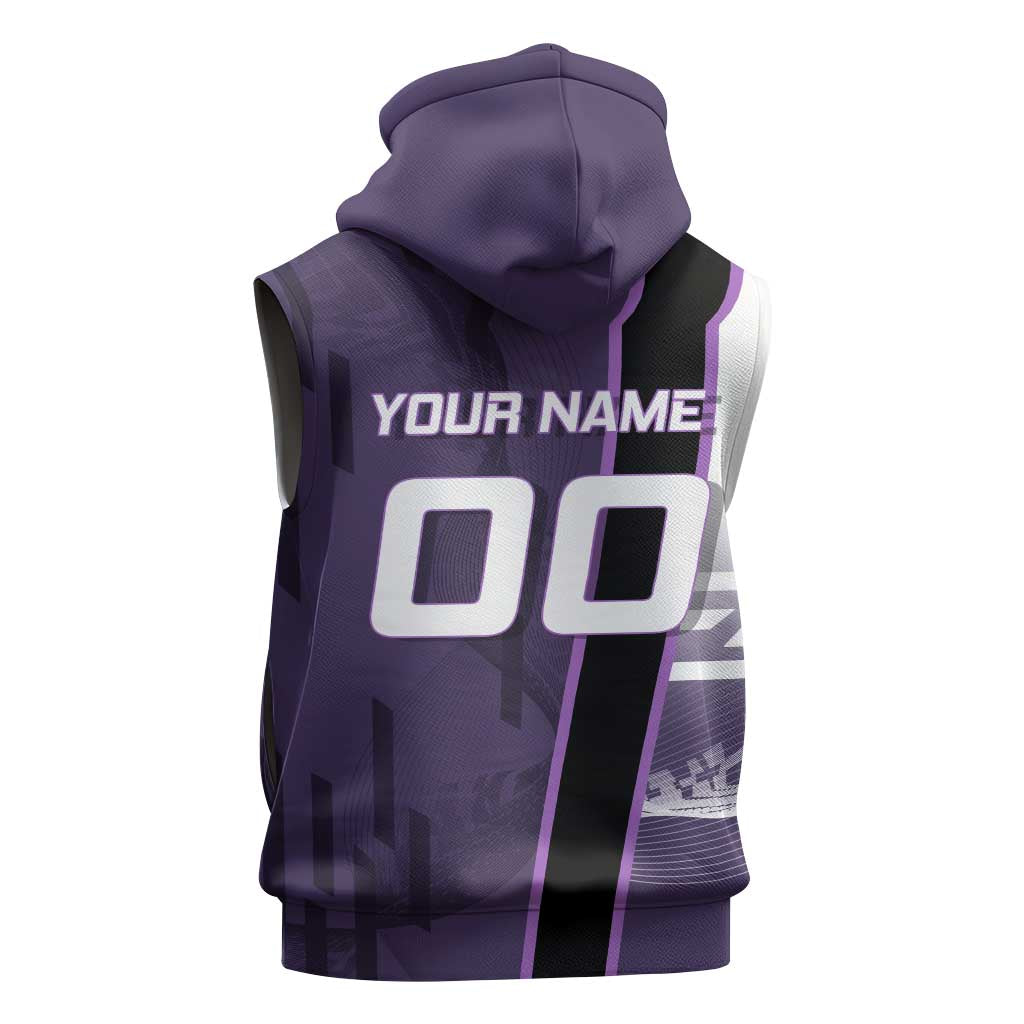 Personalized Shinazugawa Genya Demon Slayer Badminton Sleeveless Hoodie with Racket Action Pose and Purple White Graphic Design - The Mazicc