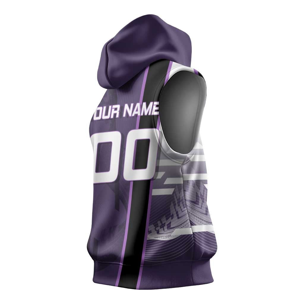 Personalized Shinazugawa Genya Demon Slayer Badminton Sleeveless Hoodie with Racket Action Pose and Purple White Graphic Design - The Mazicc