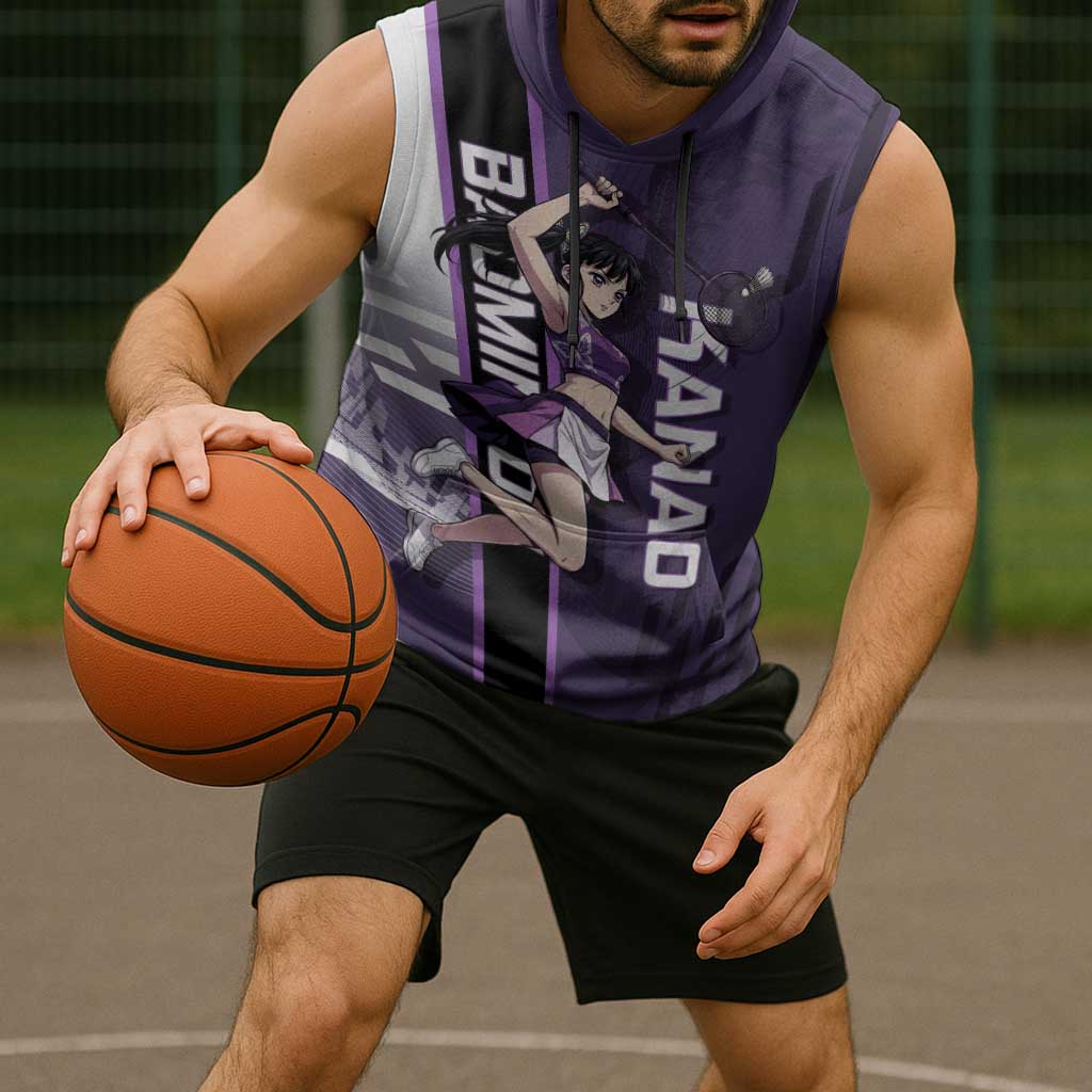 Personalized Shinazugawa Genya Demon Slayer Badminton Sleeveless Hoodie with Racket Action Pose and Purple White Graphic Design - The Mazicc