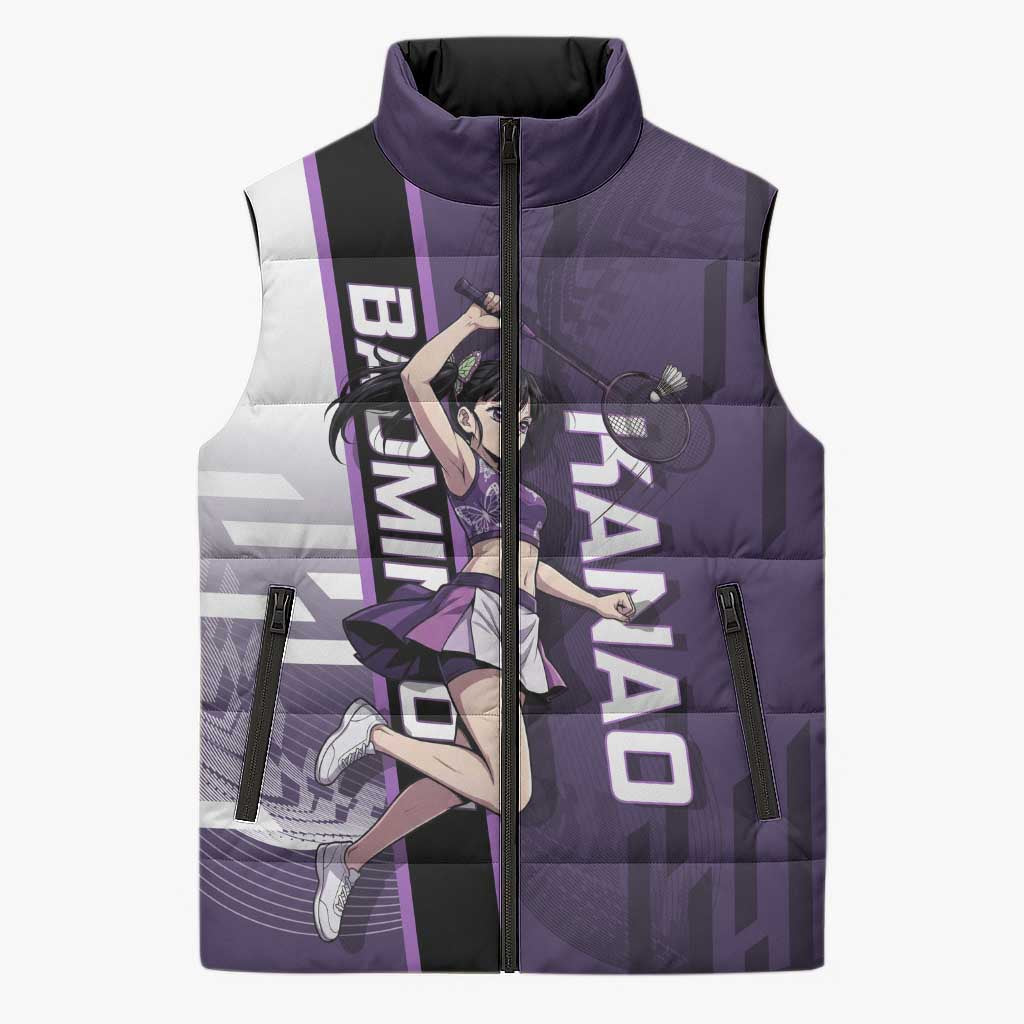 Personalized Shinazugawa Genya Demon Slayer Badminton Sleeveless Puffer Jacket with Racket Action Pose and Purple White Graphic Design - The Mazicc