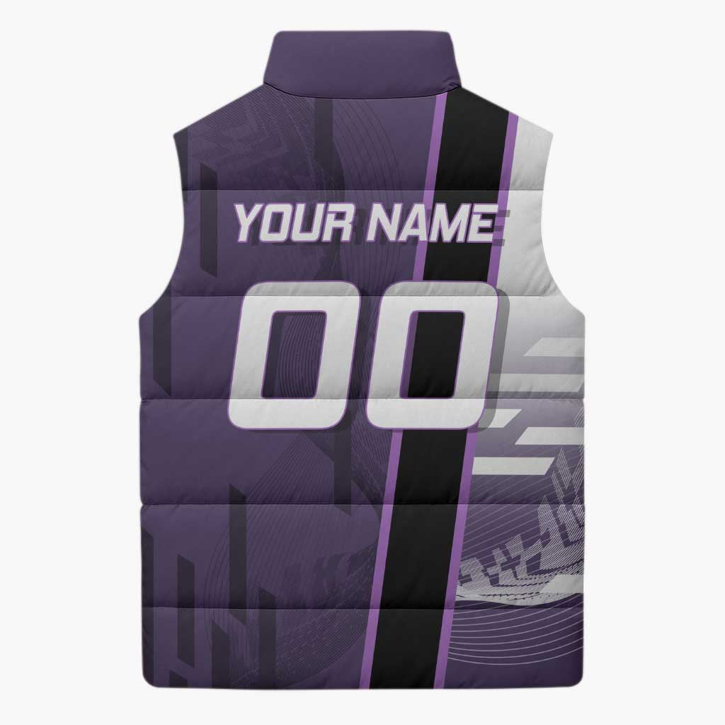Personalized Shinazugawa Genya Demon Slayer Badminton Sleeveless Puffer Jacket with Racket Action Pose and Purple White Graphic Design - The Mazicc