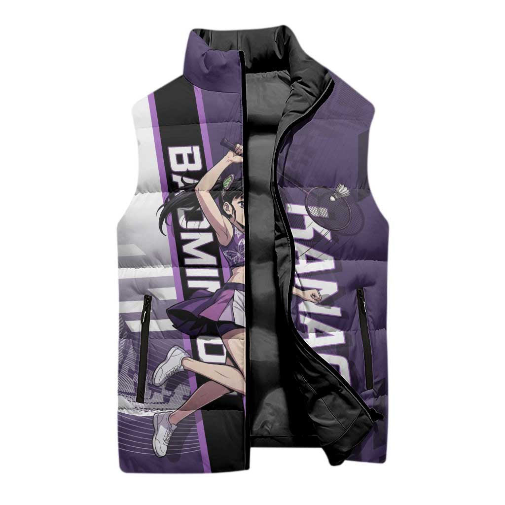 Personalized Shinazugawa Genya Demon Slayer Badminton Sleeveless Puffer Jacket with Racket Action Pose and Purple White Graphic Design - The Mazicc
