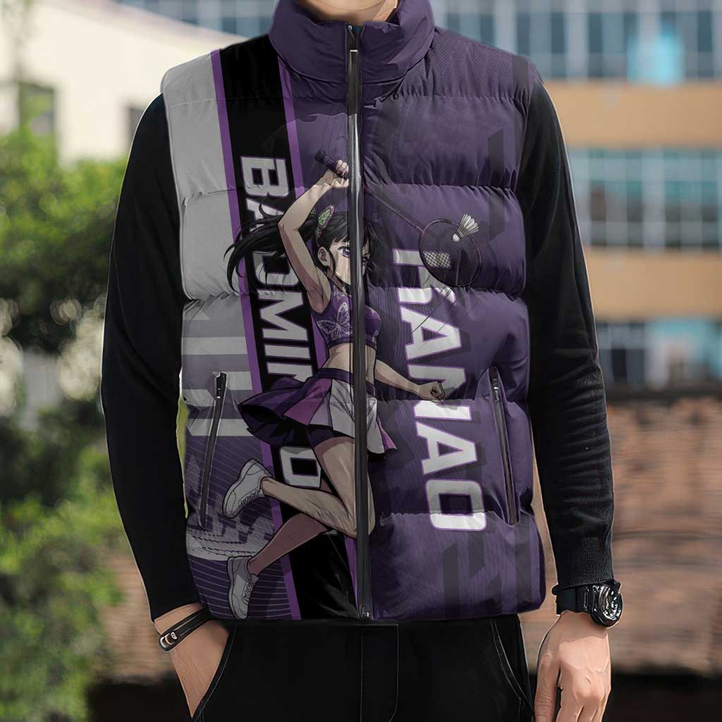 Personalized Shinazugawa Genya Demon Slayer Badminton Sleeveless Puffer Jacket with Racket Action Pose and Purple White Graphic Design - The Mazicc