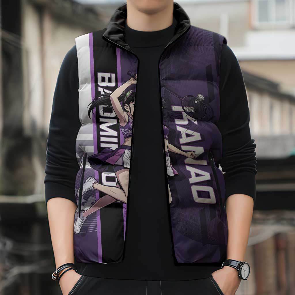Personalized Shinazugawa Genya Demon Slayer Badminton Sleeveless Puffer Jacket with Racket Action Pose and Purple White Graphic Design - The Mazicc