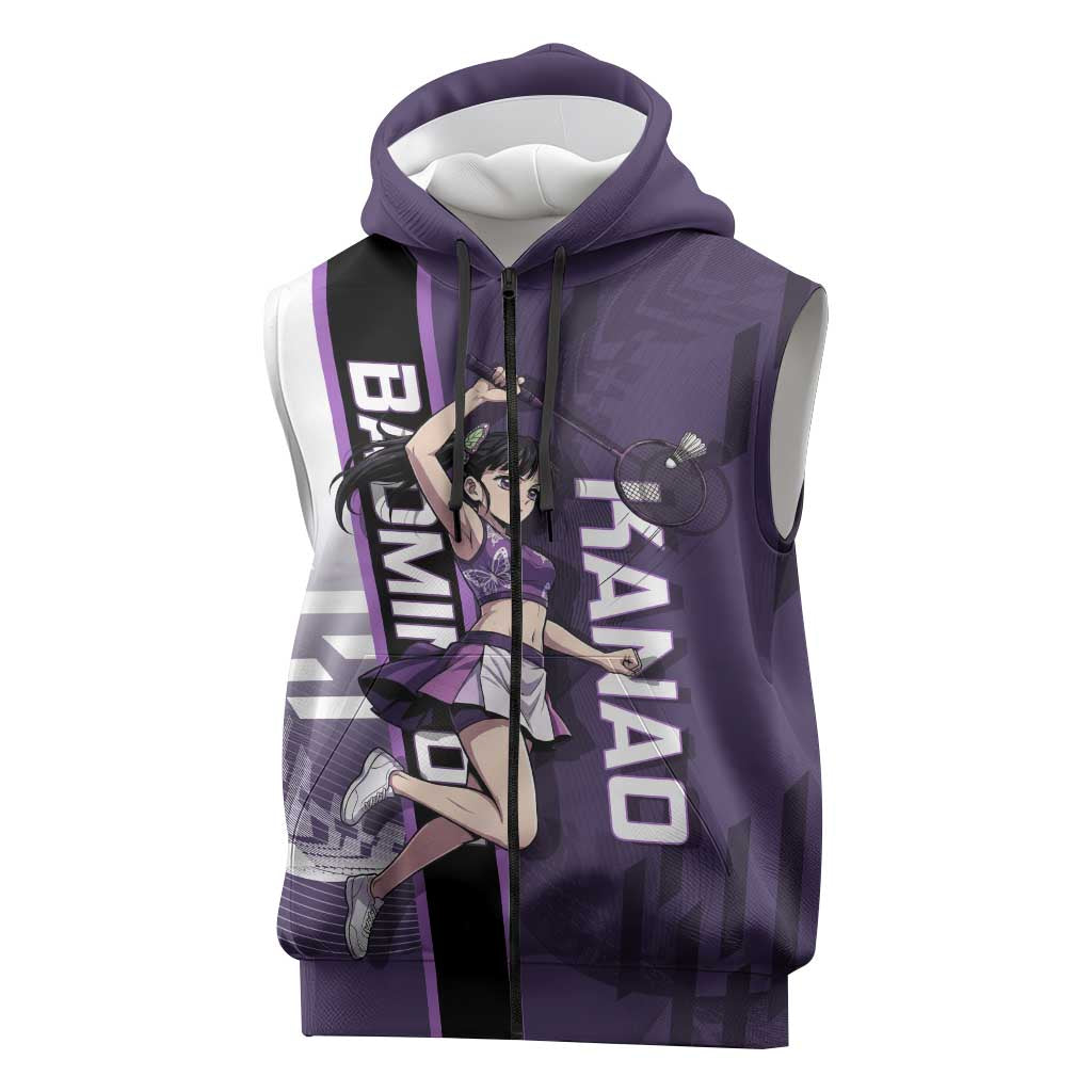 Personalized Shinazugawa Genya Demon Slayer Badminton Sleeveless Zip Hoodie with Racket Action Pose and Purple White Graphic Design - The Mazicc