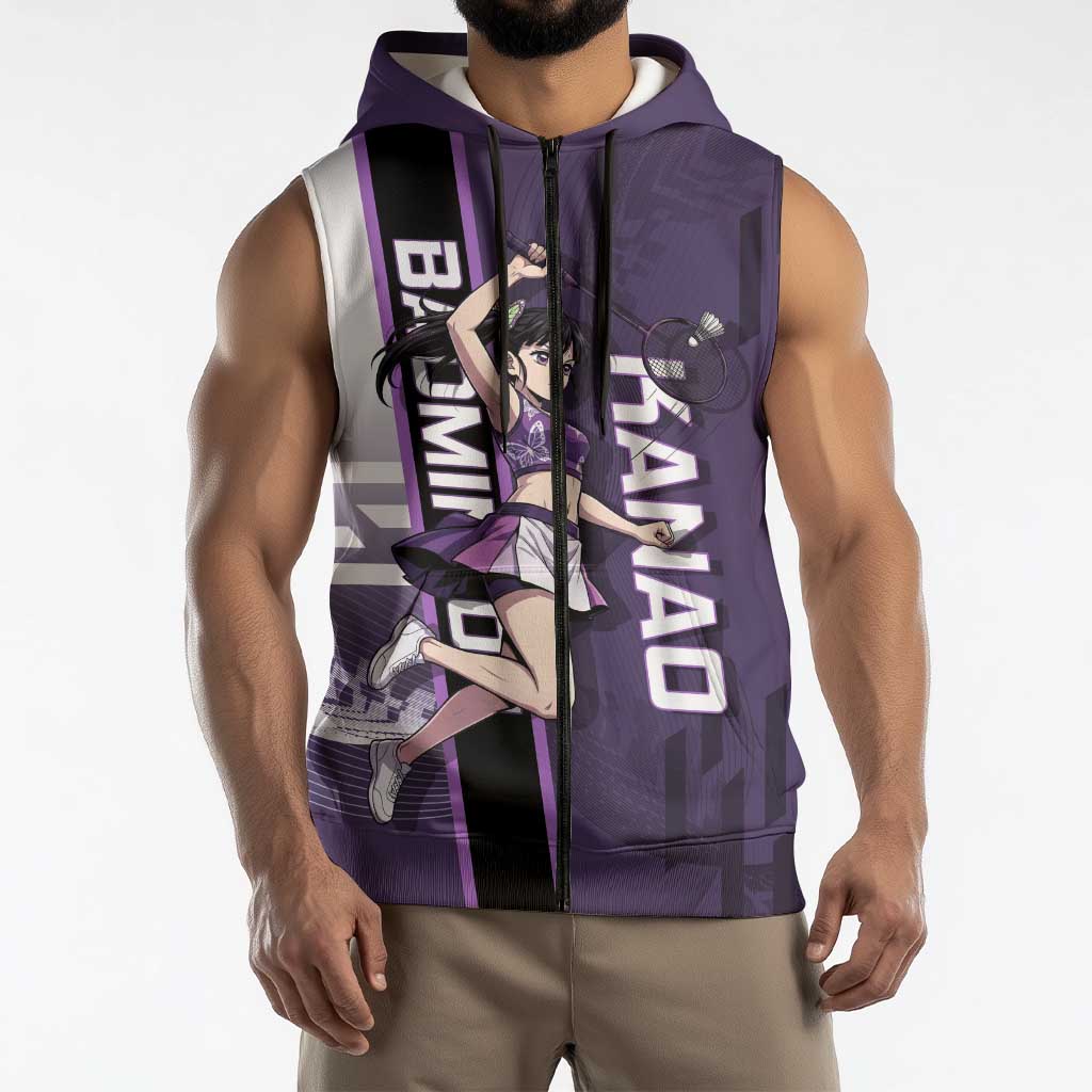 Personalized Shinazugawa Genya Demon Slayer Badminton Sleeveless Zip Hoodie with Racket Action Pose and Purple White Graphic Design - The Mazicc