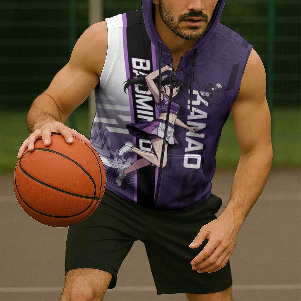 Personalized Shinazugawa Genya Demon Slayer Badminton Sleeveless Zip Hoodie with Racket Action Pose and Purple White Graphic Design - The Mazicc