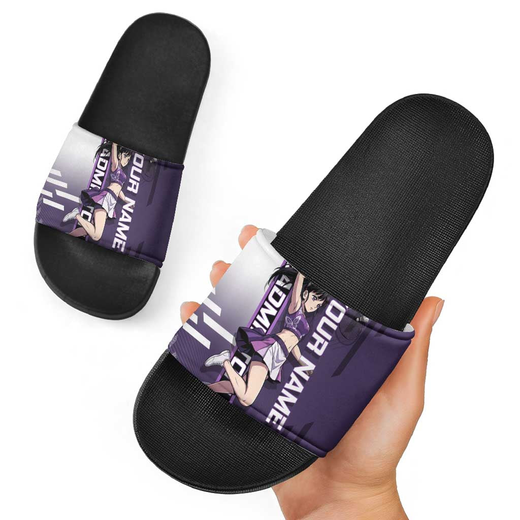Personalized Shinazugawa Genya Demon Slayer Badminton Slide Sandals with Racket Action Pose and Purple White Graphic Design - The Mazicc