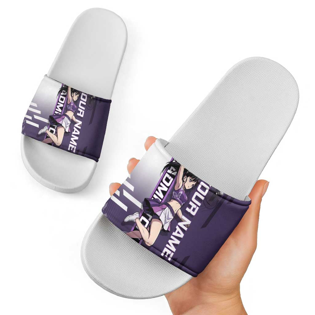 Personalized Shinazugawa Genya Demon Slayer Badminton Slide Sandals with Racket Action Pose and Purple White Graphic Design - The Mazicc