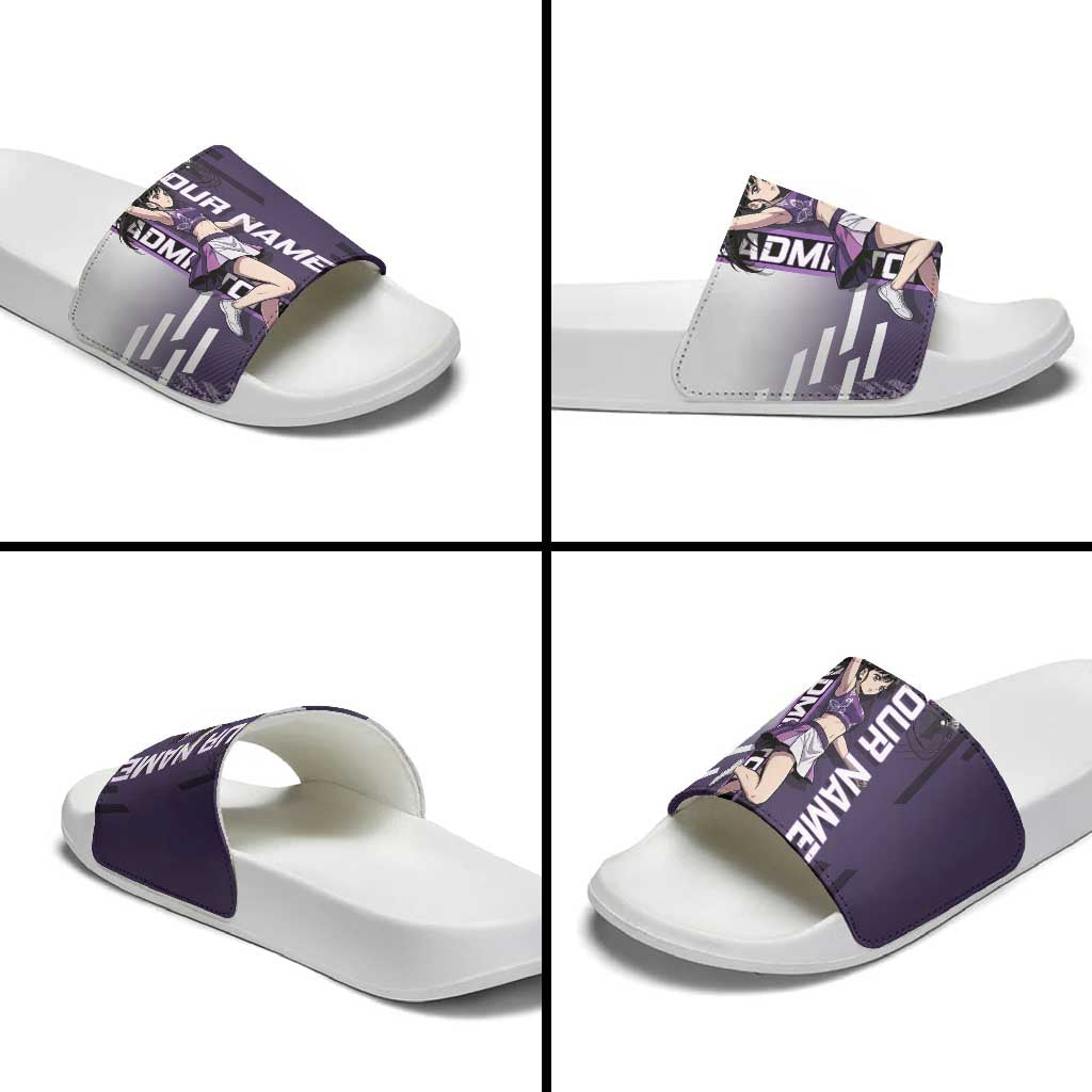 Personalized Shinazugawa Genya Demon Slayer Badminton Slide Sandals with Racket Action Pose and Purple White Graphic Design - The Mazicc