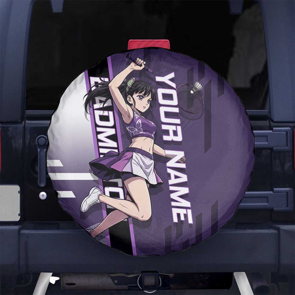 Personalized Shinazugawa Genya Demon Slayer Badminton Spare Tire Cover with Racket Action Pose and Purple White Graphic Design - The Mazicc