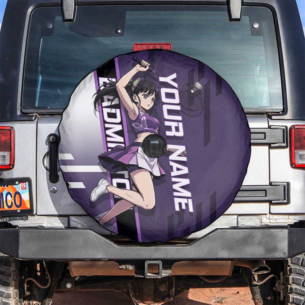 Personalized Shinazugawa Genya Demon Slayer Badminton Spare Tire Cover with Racket Action Pose and Purple White Graphic Design - The Mazicc