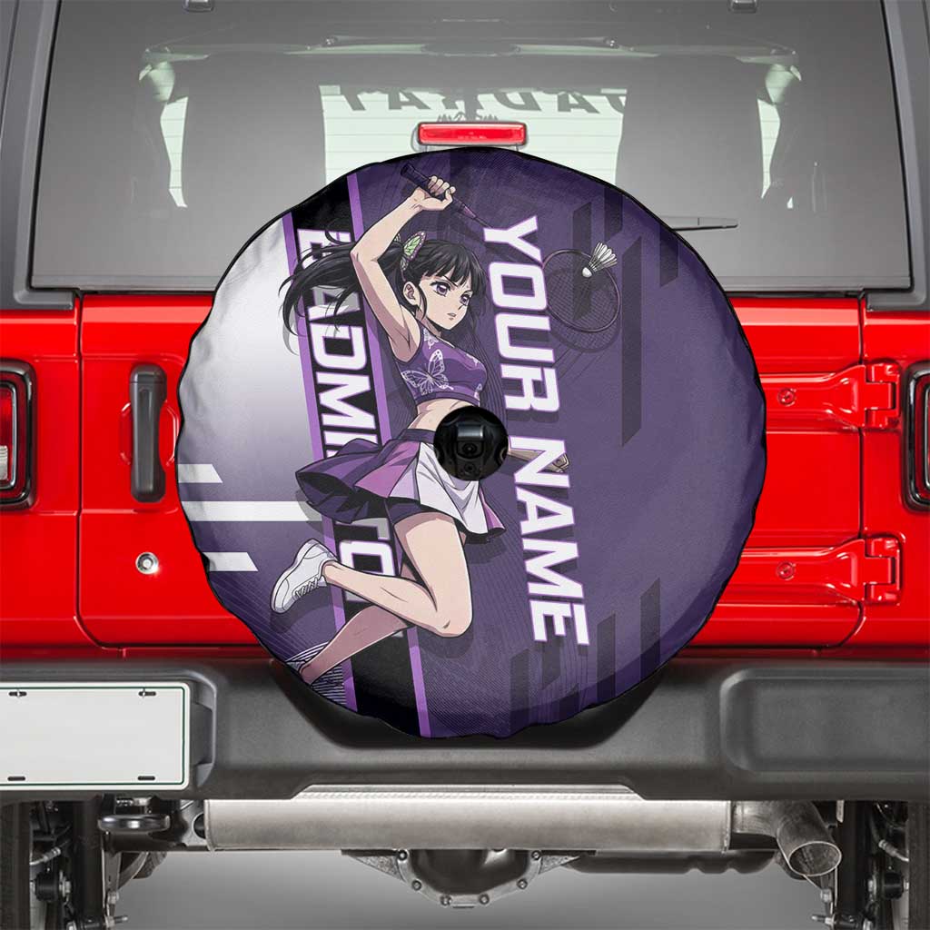 Personalized Shinazugawa Genya Demon Slayer Badminton Spare Tire Cover with Racket Action Pose and Purple White Graphic Design - The Mazicc