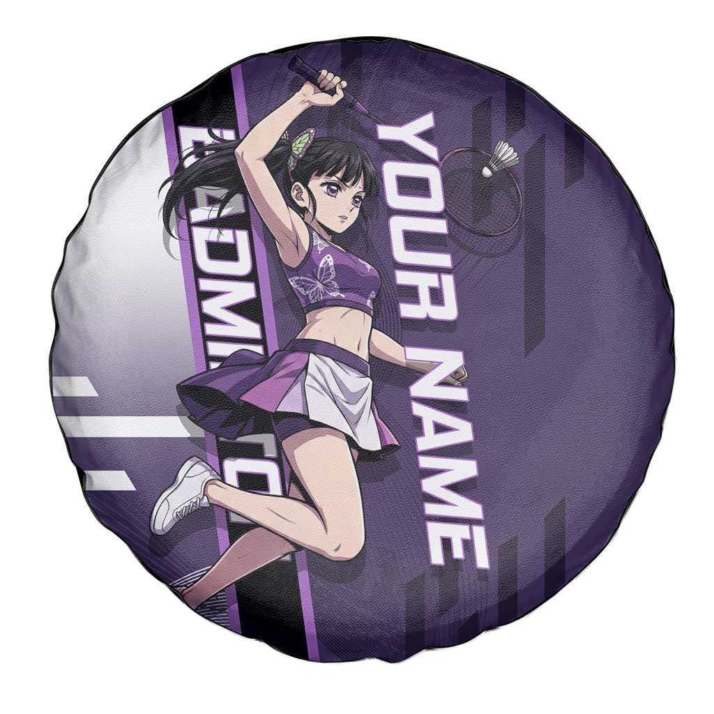 Personalized Shinazugawa Genya Demon Slayer Badminton Spare Tire Cover with Racket Action Pose and Purple White Graphic Design - The Mazicc