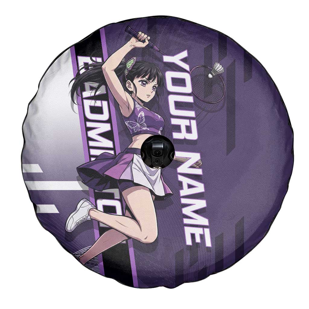 Personalized Shinazugawa Genya Demon Slayer Badminton Spare Tire Cover with Racket Action Pose and Purple White Graphic Design - The Mazicc