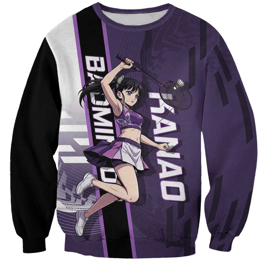 Personalized Shinazugawa Genya Demon Slayer Badminton Sweatshirt with Racket Action Pose and Purple White Graphic Design - The Mazicc