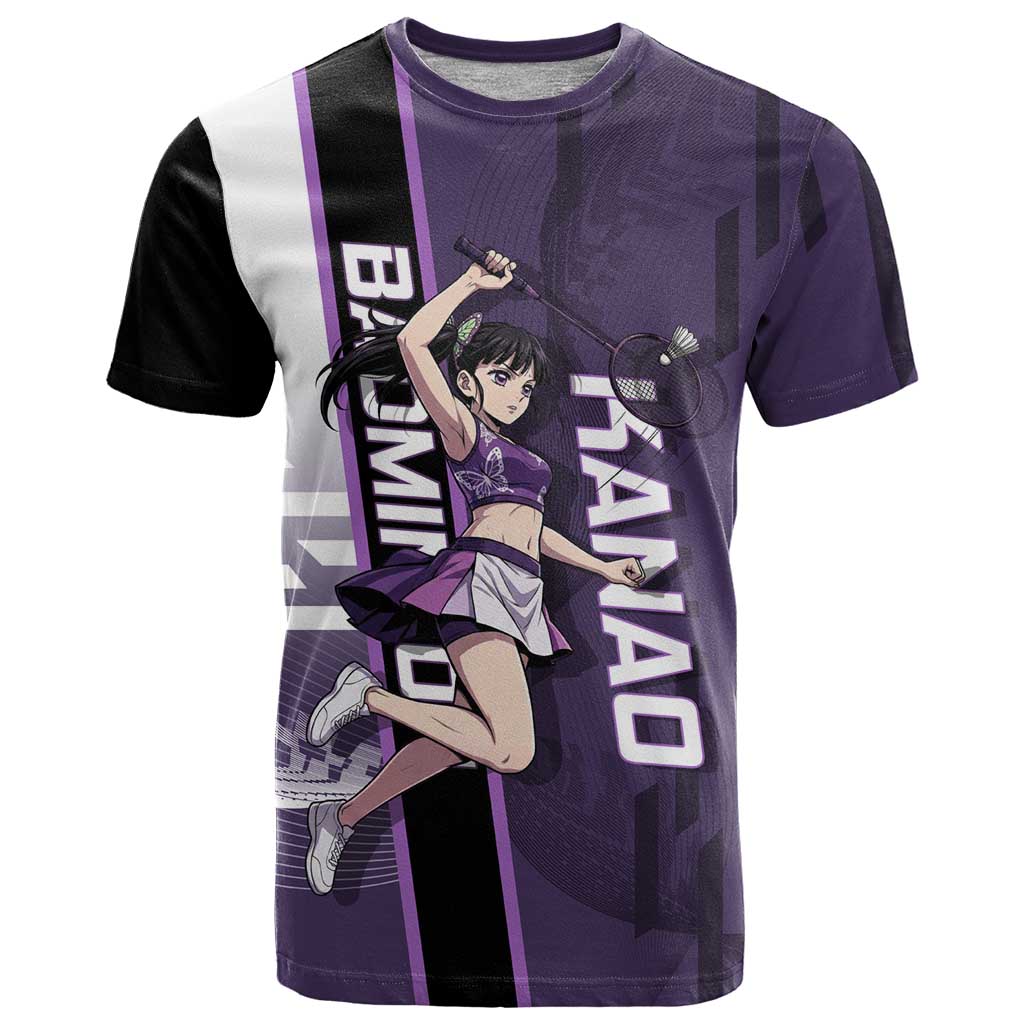 Personalized Shinazugawa Genya Demon Slayer Badminton T Shirt with Racket Action Pose and Purple White Graphic Design - The Mazicc