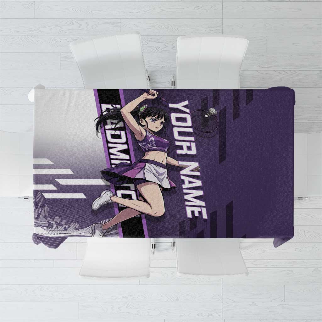 Personalized Shinazugawa Genya Demon Slayer Badminton Tablecloth with Racket Action Pose and Purple White Graphic Design - The Mazicc