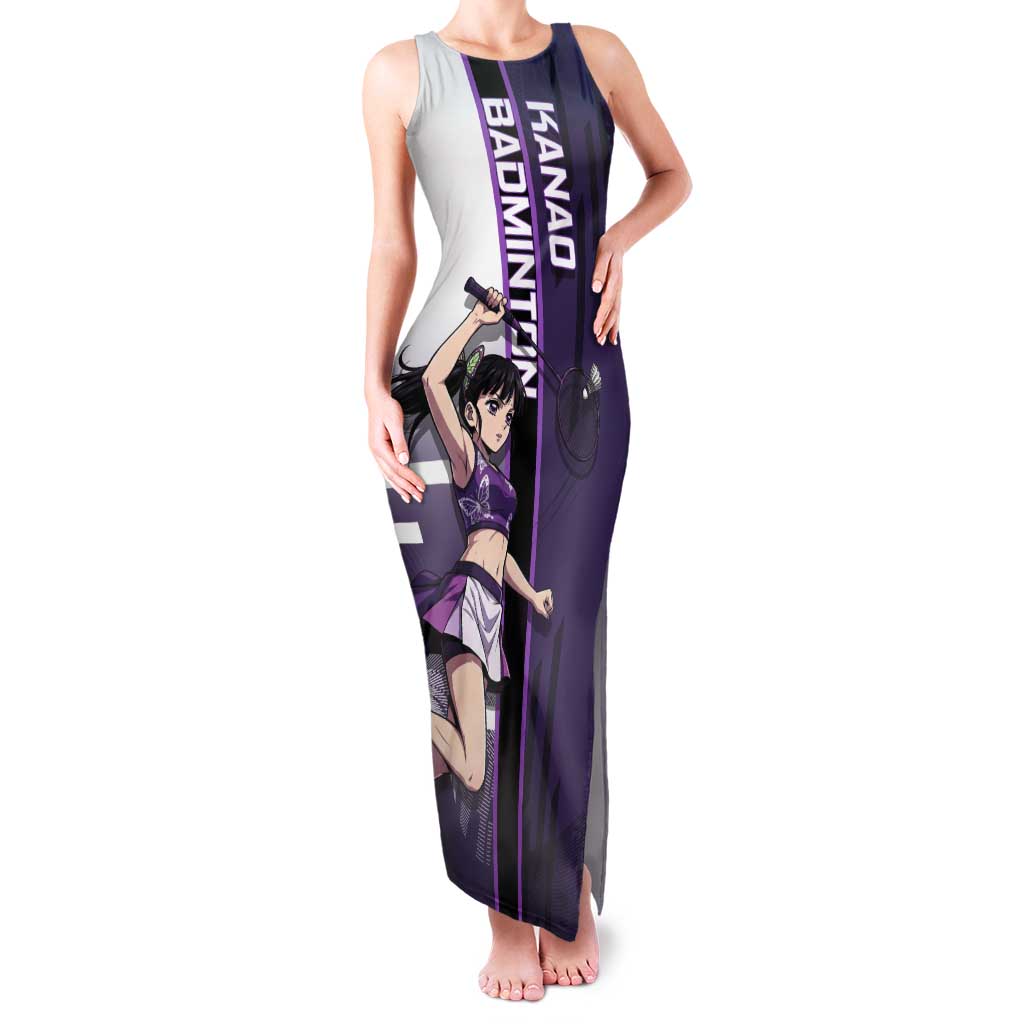 Personalized Shinazugawa Genya Demon Slayer Badminton Tank Maxi Dress with Racket Action Pose and Purple White Graphic Design - The Mazicc