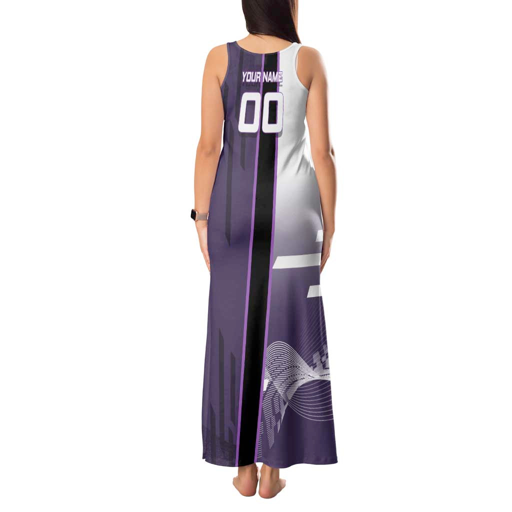 Personalized Shinazugawa Genya Demon Slayer Badminton Tank Maxi Dress with Racket Action Pose and Purple White Graphic Design - The Mazicc