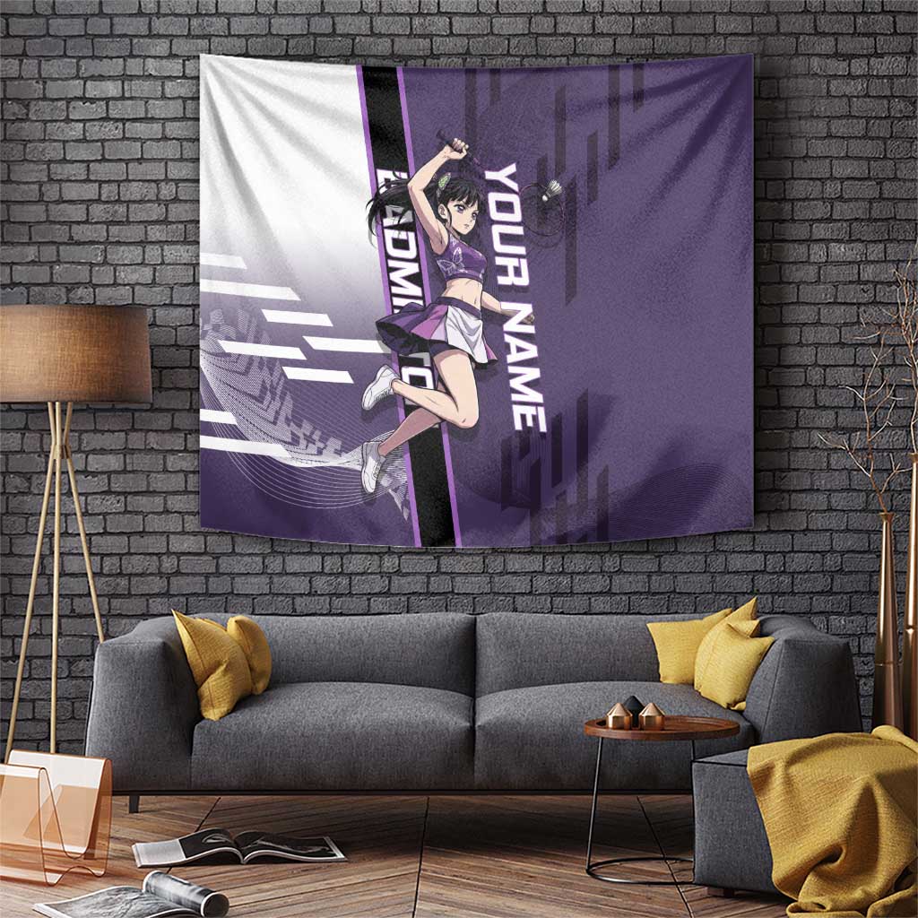 Personalized Shinazugawa Genya Demon Slayer Badminton Tapestry with Racket Action Pose and Purple White Graphic Design - The Mazicc