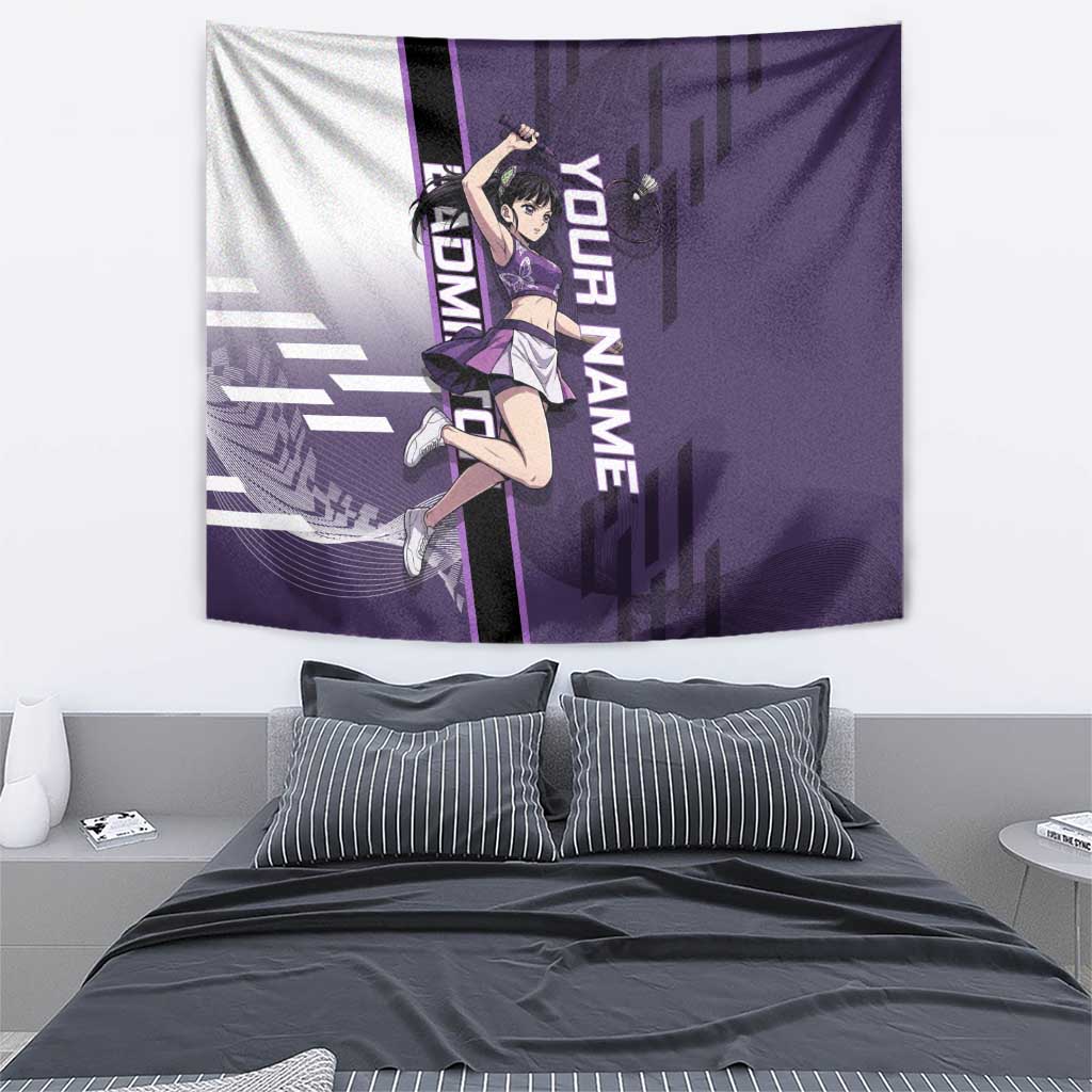 Personalized Shinazugawa Genya Demon Slayer Badminton Tapestry with Racket Action Pose and Purple White Graphic Design - The Mazicc