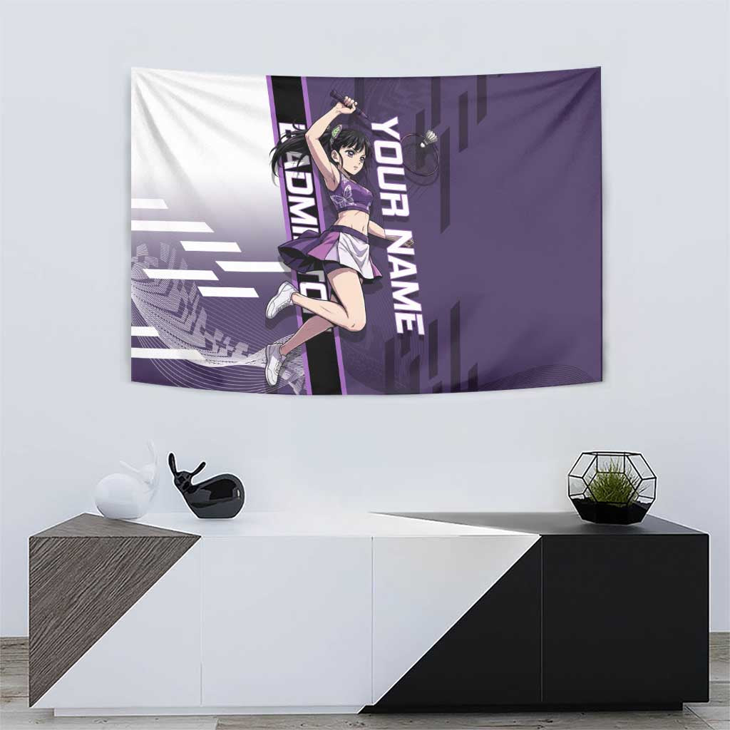 Personalized Shinazugawa Genya Demon Slayer Badminton Tapestry with Racket Action Pose and Purple White Graphic Design - The Mazicc
