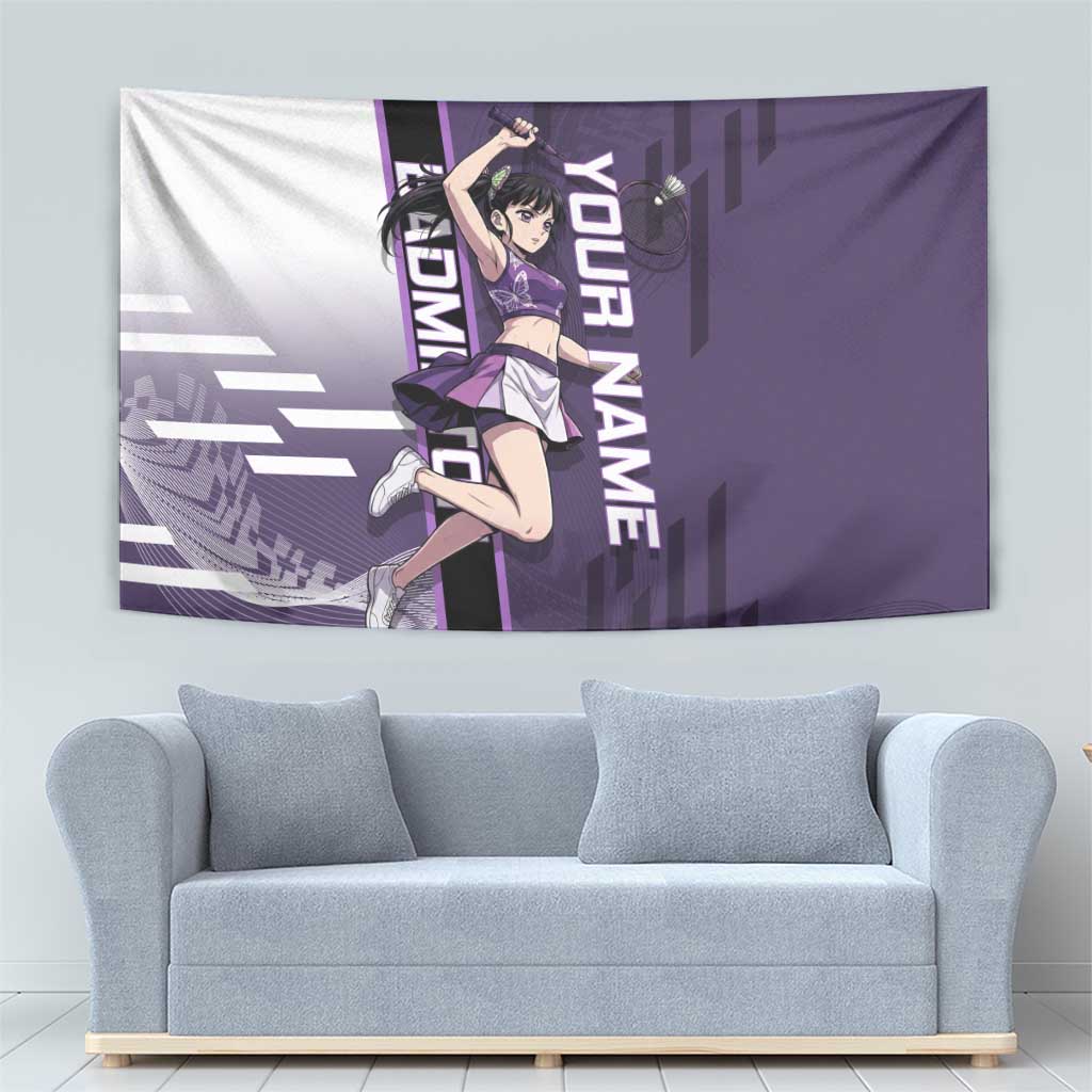 Personalized Shinazugawa Genya Demon Slayer Badminton Tapestry with Racket Action Pose and Purple White Graphic Design - The Mazicc