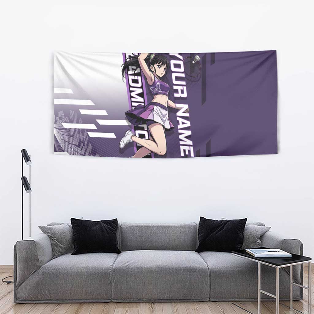 Personalized Shinazugawa Genya Demon Slayer Badminton Tapestry with Racket Action Pose and Purple White Graphic Design - The Mazicc