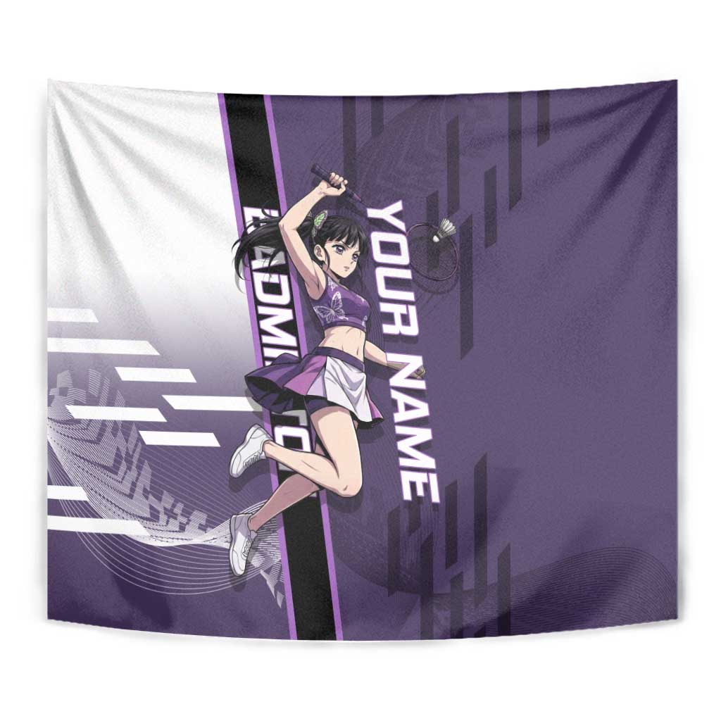 Personalized Shinazugawa Genya Demon Slayer Badminton Tapestry with Racket Action Pose and Purple White Graphic Design - The Mazicc