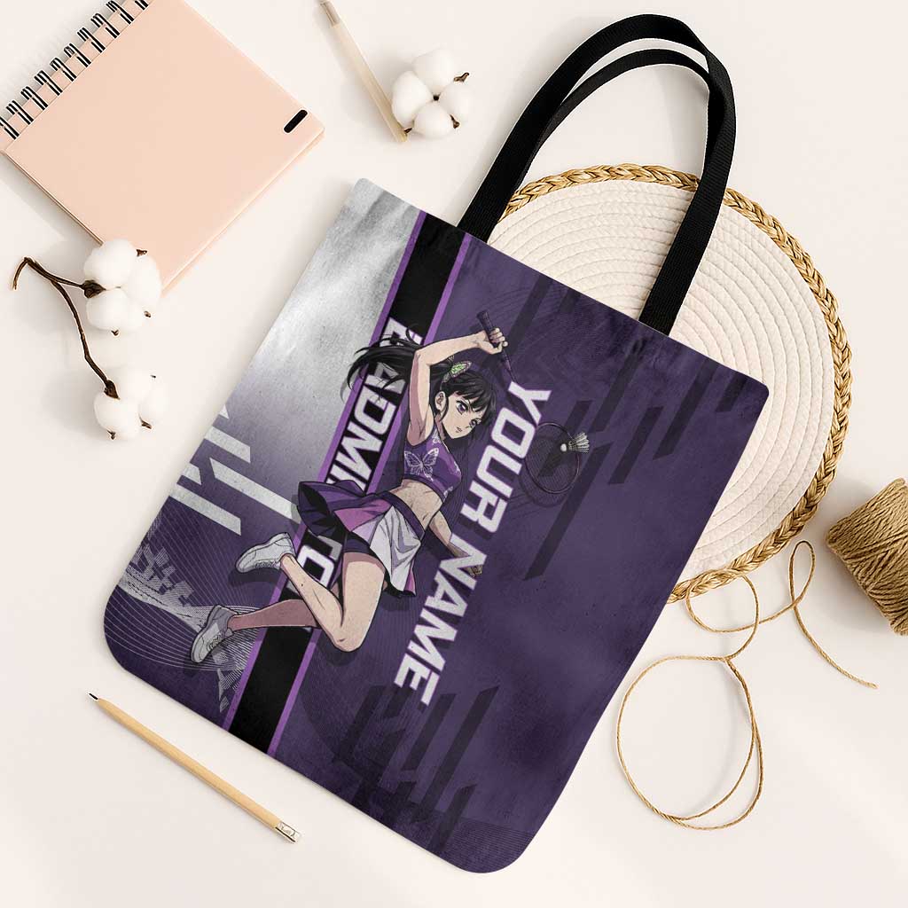 Personalized Shinazugawa Genya Demon Slayer Badminton Tote Bag with Racket Action Pose and Purple White Graphic Design - The Mazicc