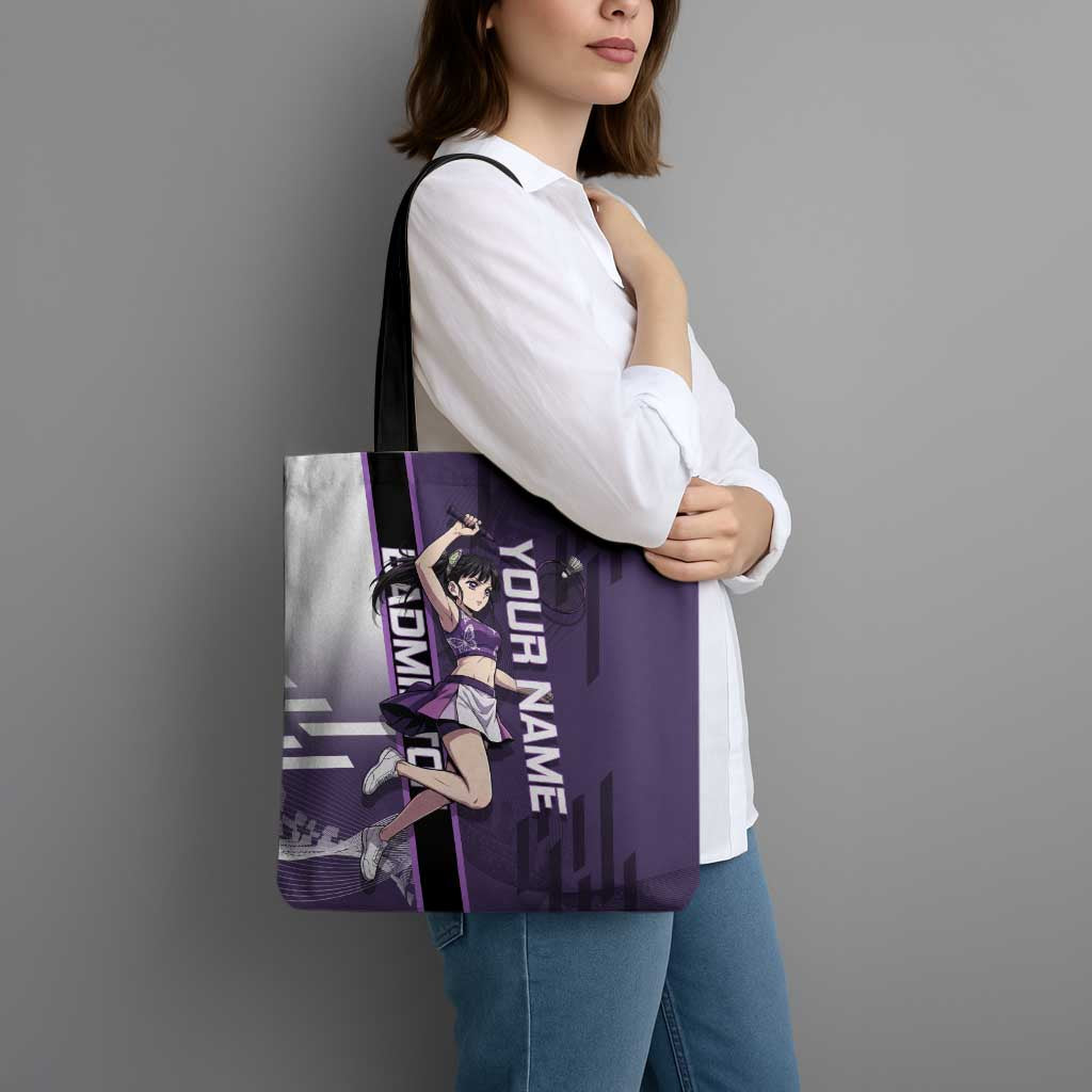 Personalized Shinazugawa Genya Demon Slayer Badminton Tote Bag with Racket Action Pose and Purple White Graphic Design - The Mazicc