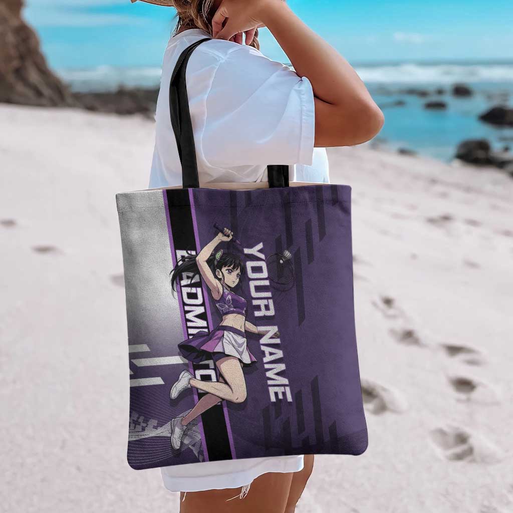 Personalized Shinazugawa Genya Demon Slayer Badminton Tote Bag with Racket Action Pose and Purple White Graphic Design - The Mazicc