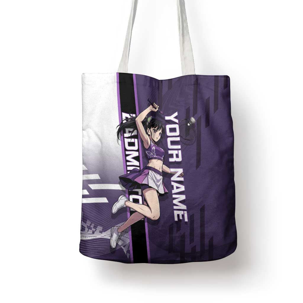 Personalized Shinazugawa Genya Demon Slayer Badminton Tote Bag with Racket Action Pose and Purple White Graphic Design - The Mazicc