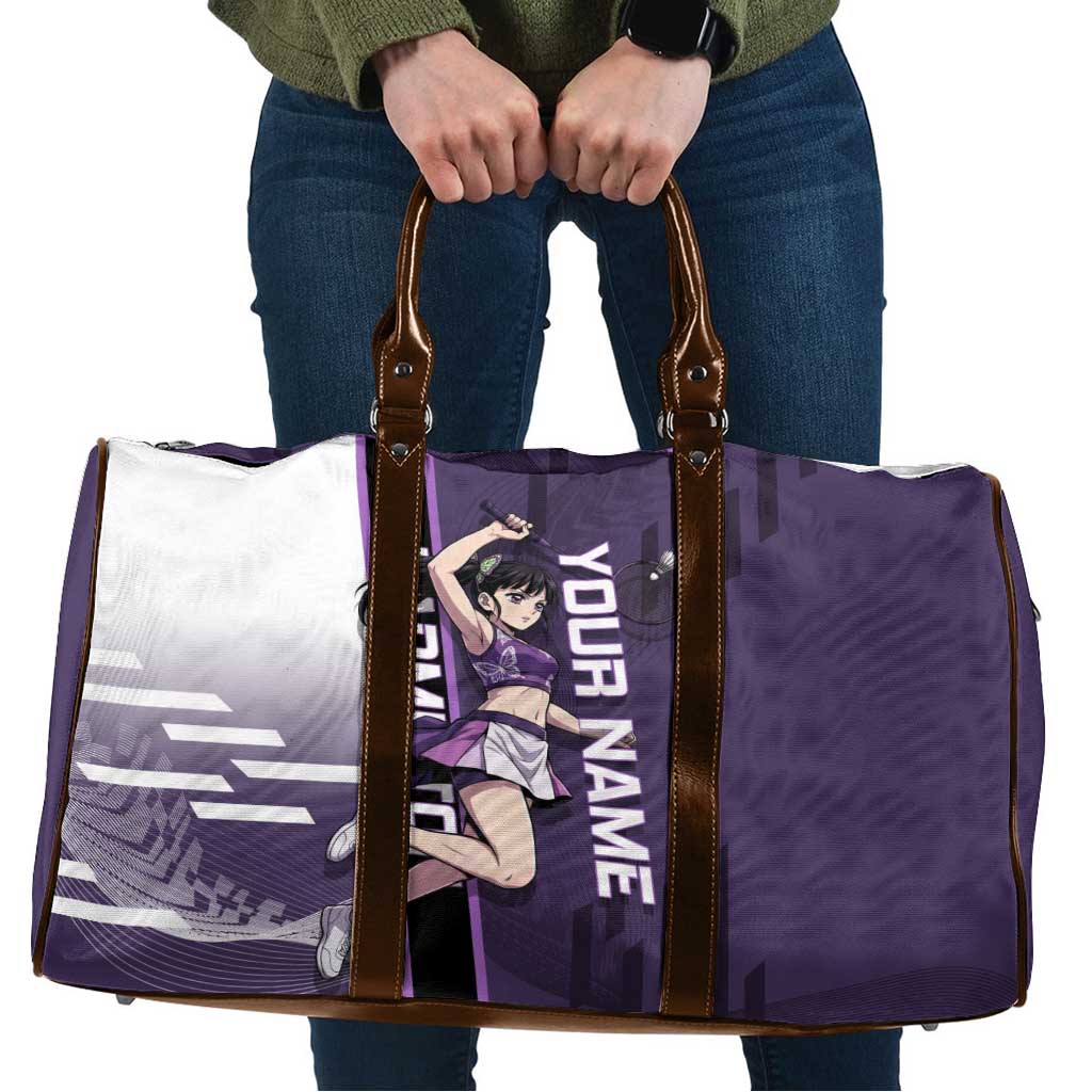 Personalized Shinazugawa Genya Demon Slayer Badminton Travel Bag with Racket Action Pose and Purple White Graphic Design - The Mazicc